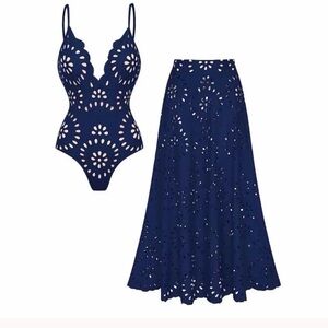 Navy Blue Cutout Swimsuit and Skirt Set